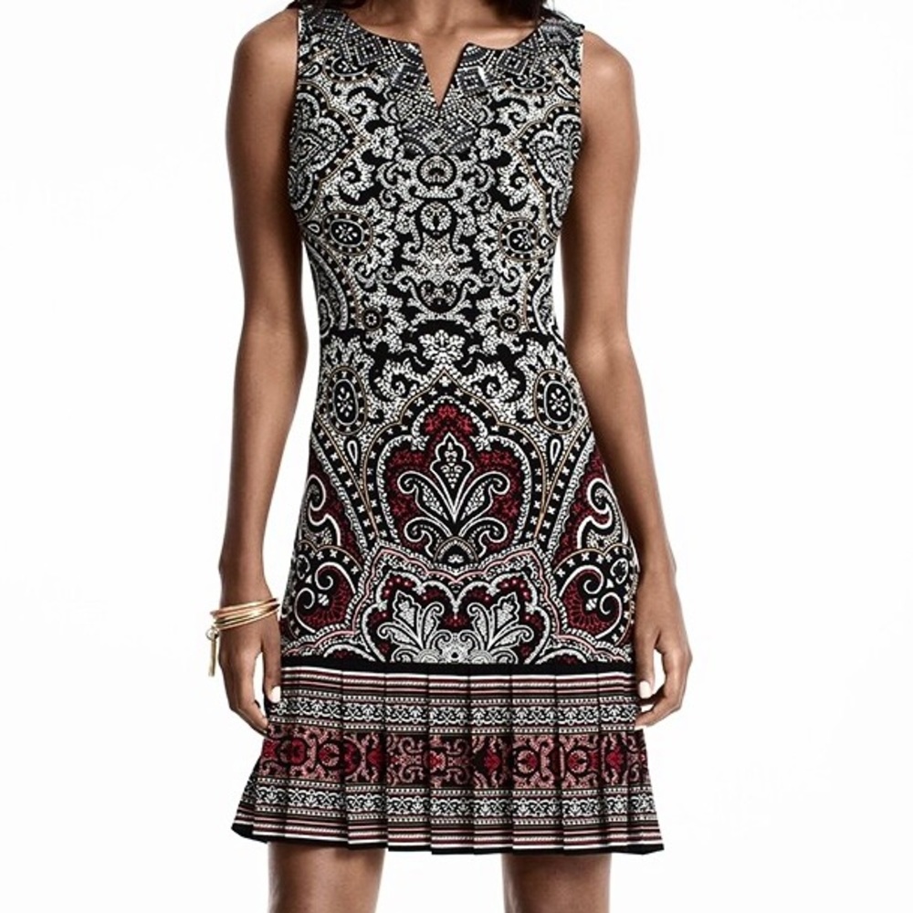 NWT WHBM PLEATED HEM EMBELLISHED V-NECK SLEEVELESS DRESS BLACK ECRU PEACH SZ XS